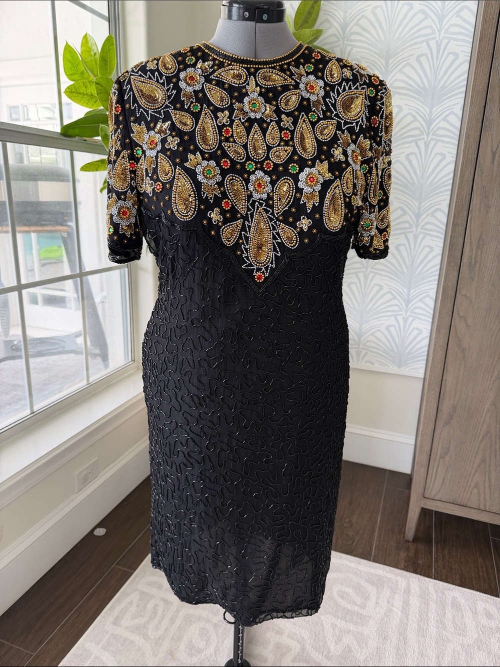 Night Vogue Vintage Silk Black Multi Beaded Lined Evening Dress size M